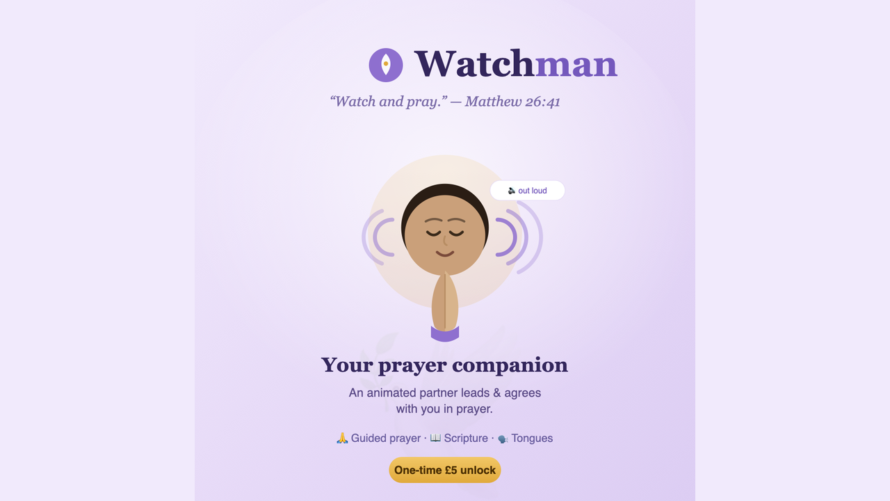 An animated prayer partner leads and agrees with you in prayer